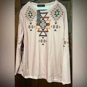 Lucky & Blessed Aztec Design Top in Dusty Rose and Brown 2x NWT